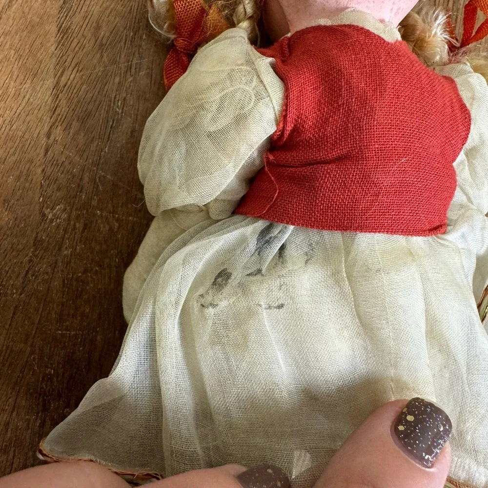 Vintage Antique Celluloid Cloth Straw Stuffed European Folk Art Style Doll‎